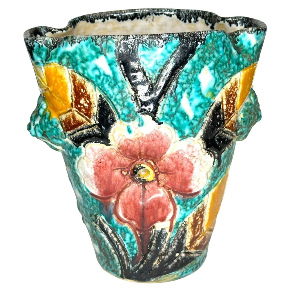 Vtg Italy Sgraffito Pottery Vase Signed Hand Painted Handles Allow Hanging 7”